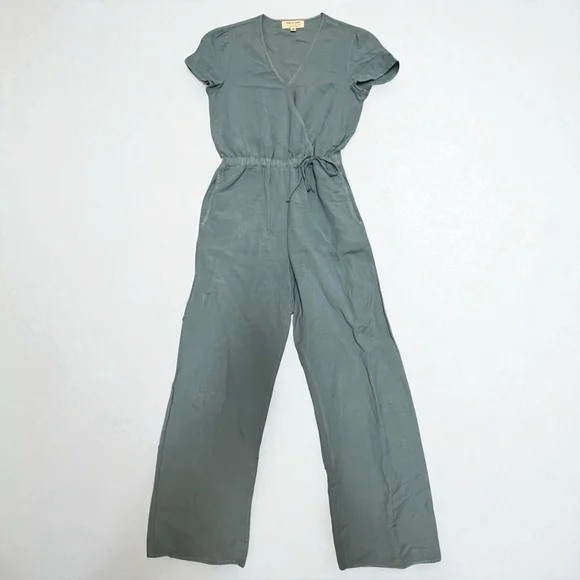 Cloth & Stone Anthropologie Linen Blend Jumpsuit Blue Wrap Short Sleeve Size M - Picture 16 of 16